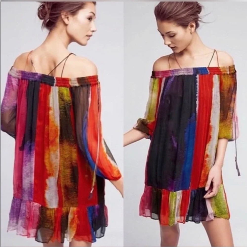 Anthropologie Floreat Zora Watercolor Off-The-Shoulder Dress Size S